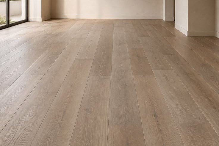 Wide-plank wood-look floor in an open room with a large arched window
