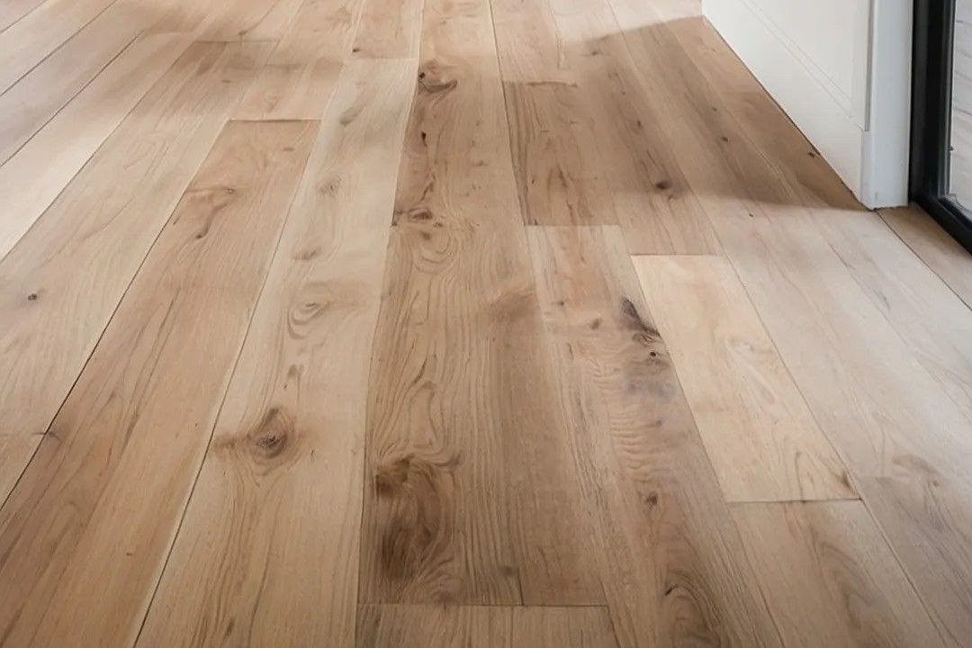Close-up of natural oak-look plank flooring with visible wood grain