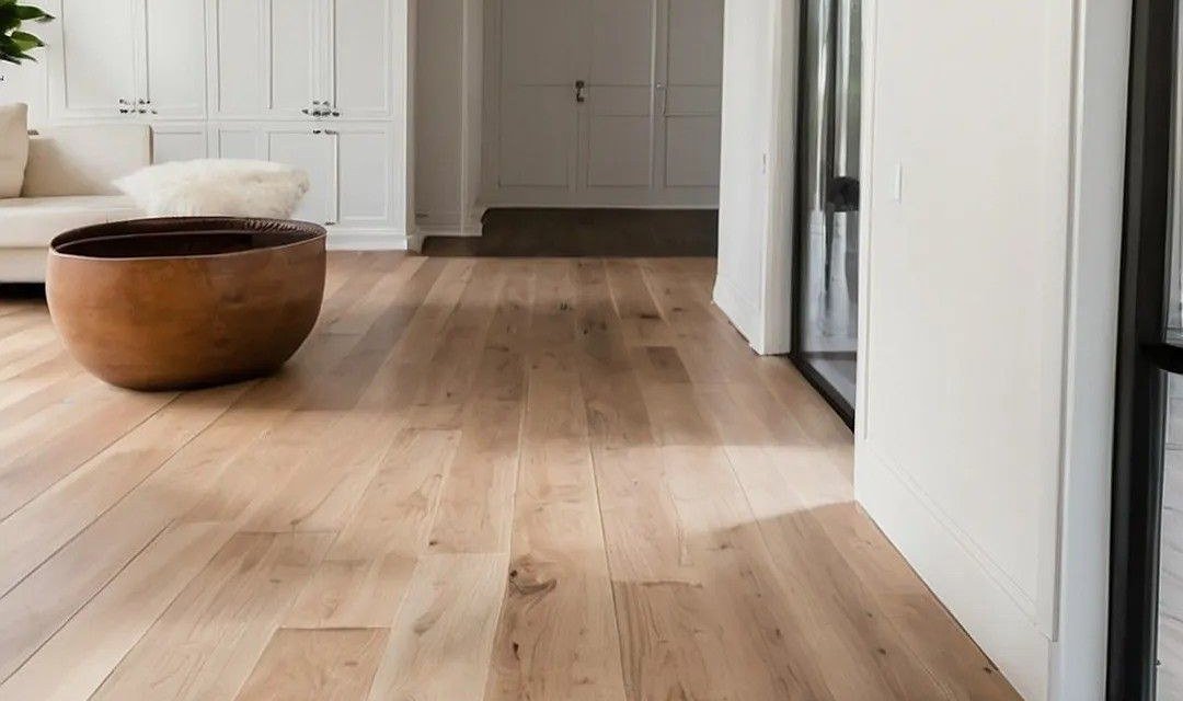 Bright open room with light oak-look plank flooring, white cabinetry and a wooden bowl